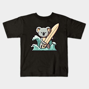 Cute koala with surfboard, koala bear surfing with sea waves, koala lover design, summer vacation Kids T-Shirt